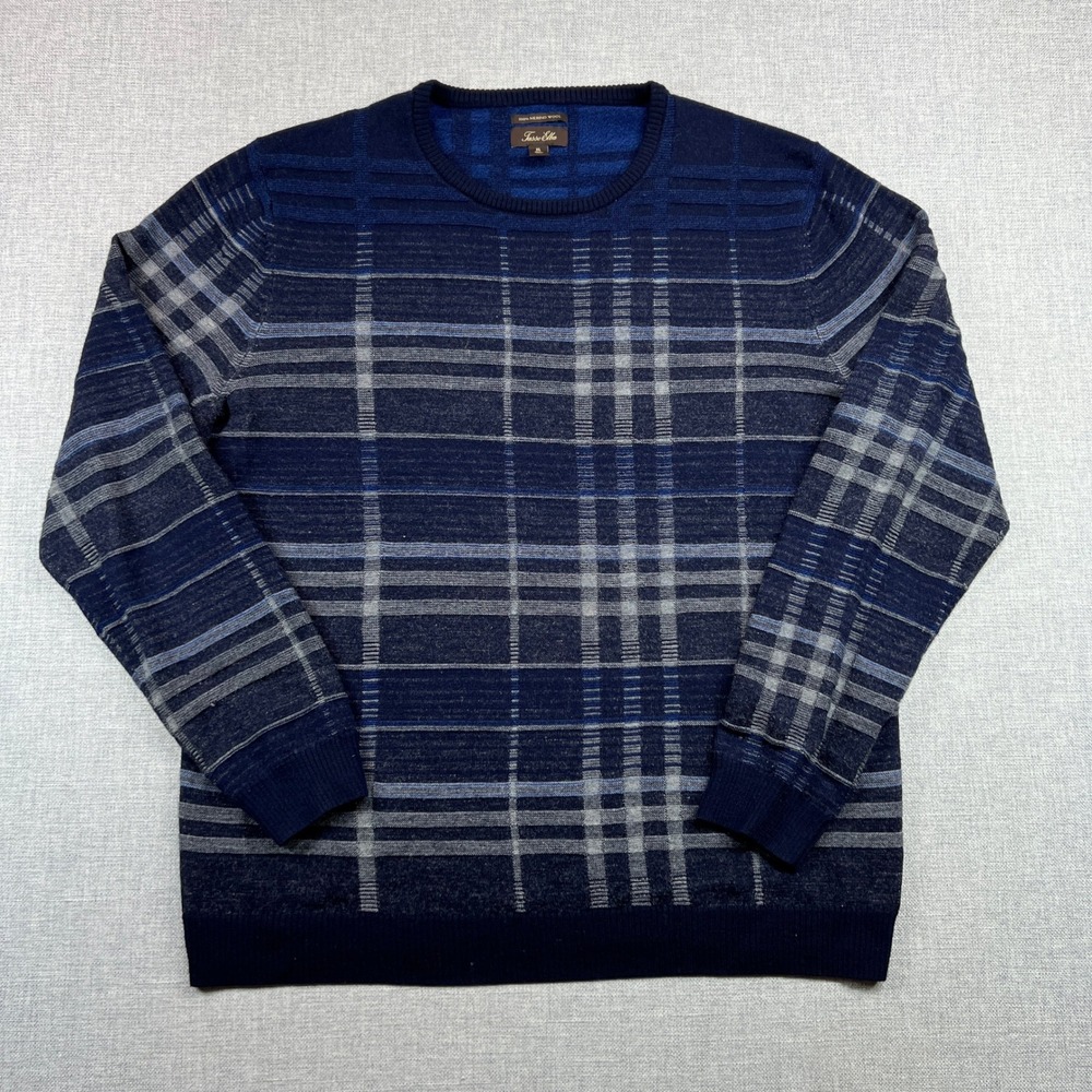 Tasso Elba Men XL Blue‎ Plaid 100% Merino Wool Crewneck Sweater Dadcore Office